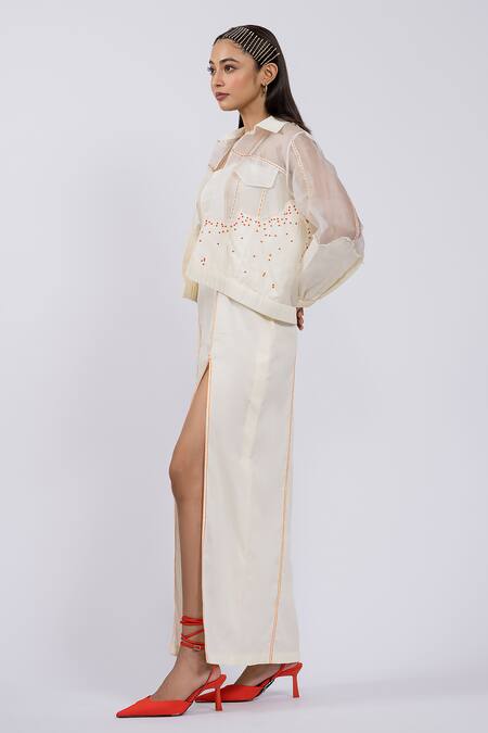 The Dramebaaz CO_Off White Cotton Beads Collared Embroidered Sheer Jacket _Online_at_Aza_Fashions