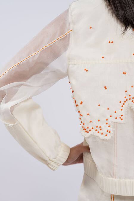 Shop_The Dramebaaz CO_Off White Cotton Beads Collared Embroidered Sheer Jacket _Online_at_Aza_Fashions