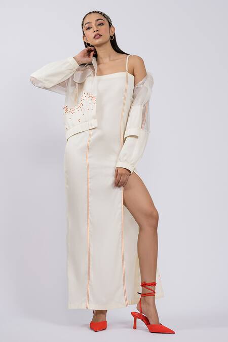 The Dramebaaz CO_Off White Cotton Beads Collared Embroidered Sheer Jacket _at_Aza_Fashions