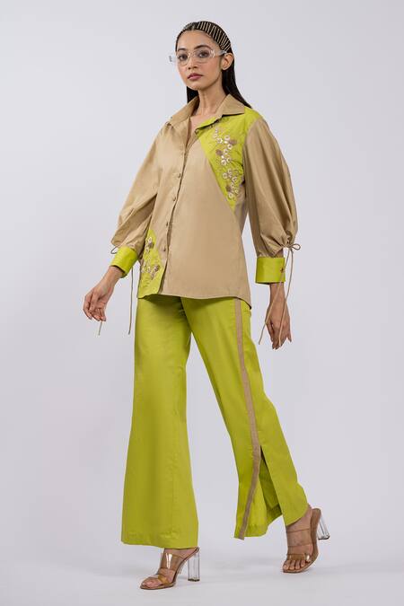 Buy The Dramebaaz CO Beige Cotton Embroidery, Sequins Collared Floral Shirt And Pant Set Online at Aza Fashions Buy_The Dramebaaz CO_Beige Cotton Embroidery, Sequins Collared Floral Shirt And Pant Set _Online_at_Aza_Fashions