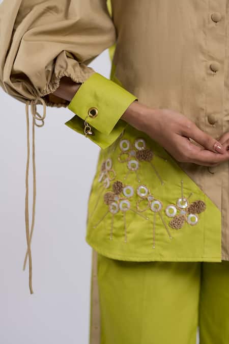 Shop The Dramebaaz CO Beige Cotton Embroidery, Sequins Collared Floral Shirt And Pant Set Online at Aza Fashions Shop_The Dramebaaz CO_Beige Cotton Embroidery, Sequins Collared Floral Shirt And Pant Set _Online_at_Aza_Fashions