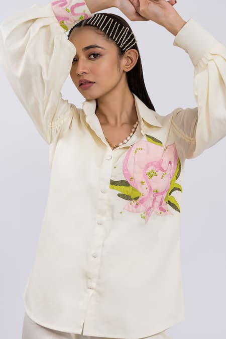 Buy The Dramebaaz CO Off White Cotton Beads, Embroidery Collared Shirt And Pant Set Online at Aza Fashions Buy_The Dramebaaz CO_Off White Cotton Beads, Embroidery Collared Shirt And Pant Set _Online_at_Aza_Fashions
