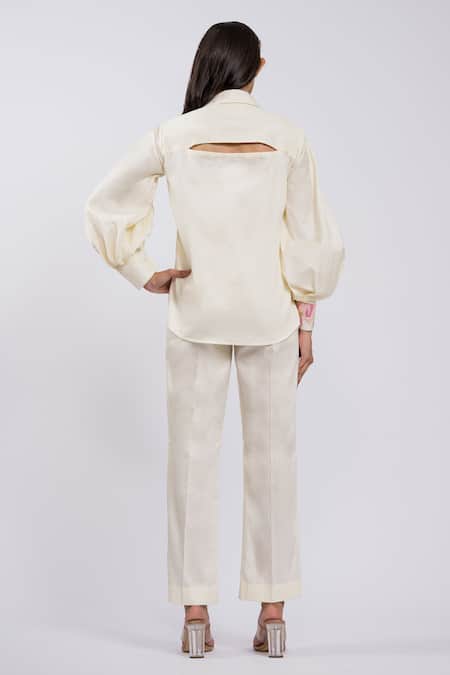 Shop The Dramebaaz CO Off White Cotton Beads, Embroidery Collared Shirt And Pant Set at Aza Fashions Shop_The Dramebaaz CO_Off White Cotton Beads, Embroidery Collared Shirt And Pant Set _at_Aza_Fashions