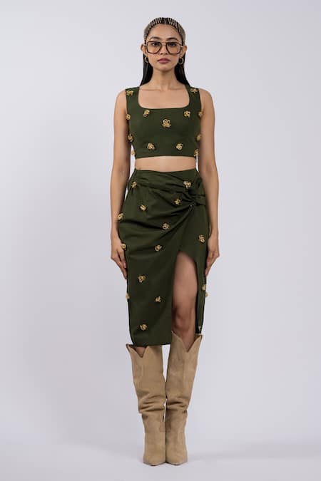 The Dramebaaz Co Chain Embellished Green Top & Draped Skirt Set 
