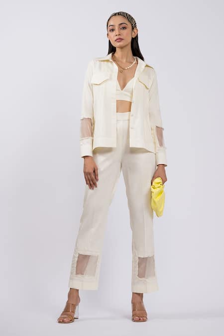 The Dramebaaz Co Off White Sequin Applique Jacket Pant Set 