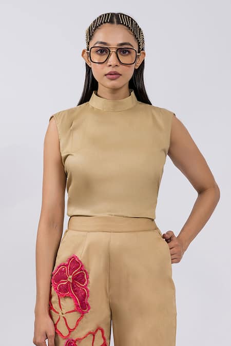 The Dramebaaz CO Beige Cotton Applique, Embroidery Round Neck Top And Pant Set Online at Aza Fashions The Dramebaaz CO_Beige Cotton Applique, Embroidery Round Neck Top And Pant Set _Online_at_Aza_Fashions