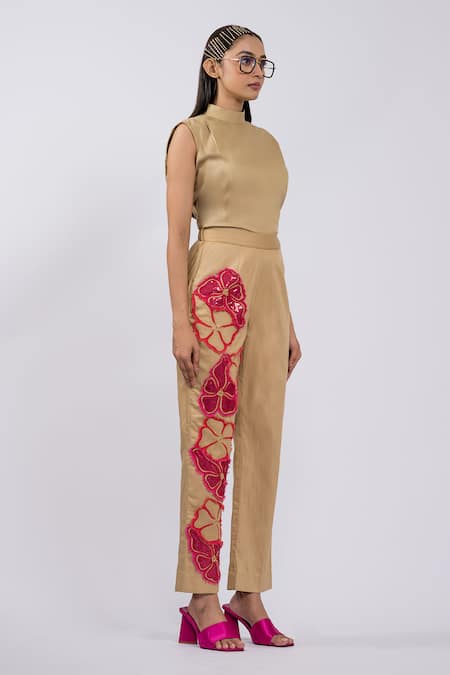 Buy The Dramebaaz CO Beige Cotton Applique, Embroidery Round Neck Top And Pant Set Online at Aza Fashions Buy_The Dramebaaz CO_Beige Cotton Applique, Embroidery Round Neck Top And Pant Set _Online_at_Aza_Fashions