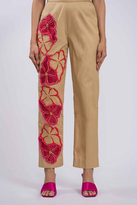 Shop The Dramebaaz CO Beige Cotton Applique, Embroidery Round Neck Top And Pant Set Online at Aza Fashions Shop_The Dramebaaz CO_Beige Cotton Applique, Embroidery Round Neck Top And Pant Set _Online_at_Aza_Fashions