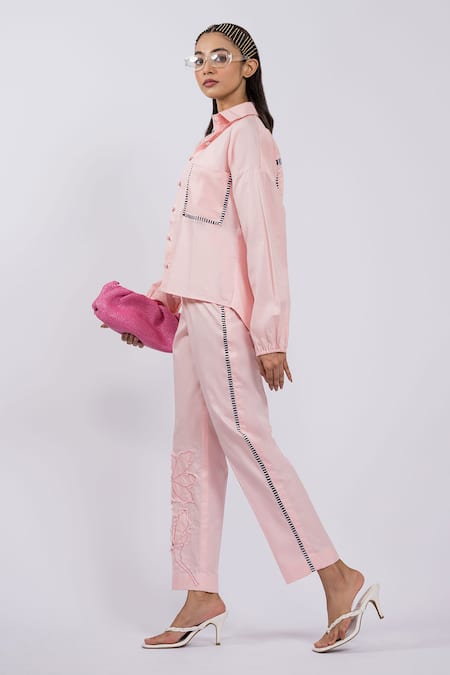 The Dramebaaz CO Pink Cotton Embroidery Collared Floral Applique Shirt And Pant Set Online at Aza Fashions The Dramebaaz CO_Pink Cotton Embroidery Collared Floral Applique Shirt And Pant Set _Online_at_Aza_Fashions