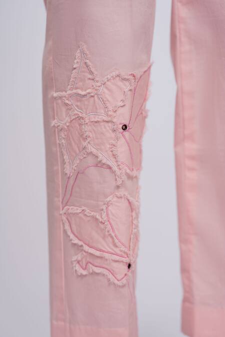 Buy The Dramebaaz CO Pink Cotton Embroidery Collared Floral Applique Shirt And Pant Set Online at Aza Fashions Buy_The Dramebaaz CO_Pink Cotton Embroidery Collared Floral Applique Shirt And Pant Set _Online_at_Aza_Fashions