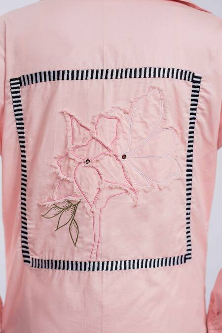 Shop The Dramebaaz CO Pink Cotton Embroidery Collared Floral Applique Shirt And Pant Set Online at Aza Fashions Shop_The Dramebaaz CO_Pink Cotton Embroidery Collared Floral Applique Shirt And Pant Set _Online_at_Aza_Fashions