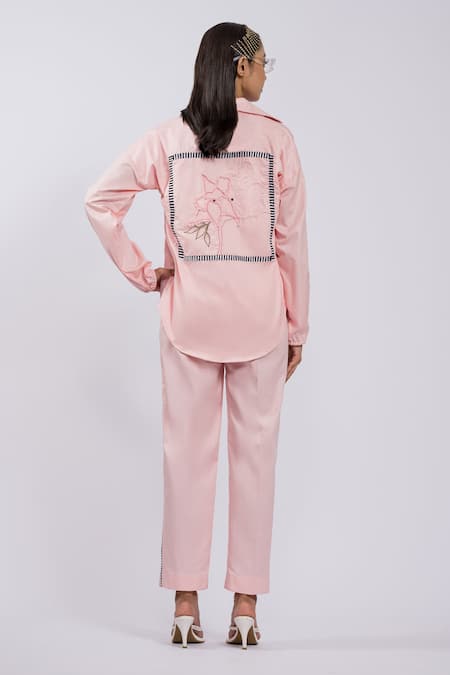 Shop The Dramebaaz CO Pink Cotton Embroidery Collared Floral Applique Shirt And Pant Set at Aza Fashions Shop_The Dramebaaz CO_Pink Cotton Embroidery Collared Floral Applique Shirt And Pant Set _at_Aza_Fashions