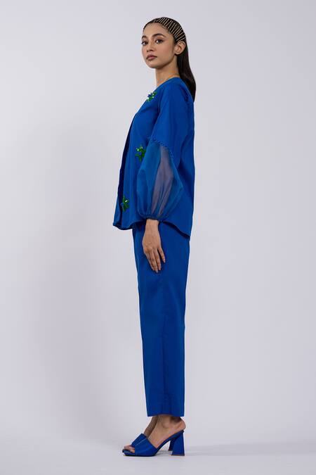 The Dramebaaz CO Blue Cotton Beads, Stones V-neck Glass Embellished Top And Pant Set Online at Aza Fashions The Dramebaaz CO_Blue Cotton Beads, Stones V-neck Glass Embellished Top And Pant Set _Online_at_Aza_Fashions