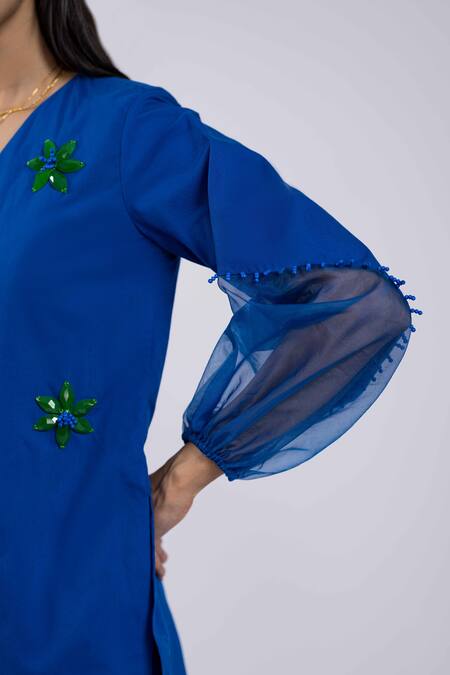 Shop The Dramebaaz CO Blue Cotton Beads, Stones V-neck Glass Embellished Top And Pant Set Online at Aza Fashions Shop_The Dramebaaz CO_Blue Cotton Beads, Stones V-neck Glass Embellished Top And Pant Set _Online_at_Aza_Fashions