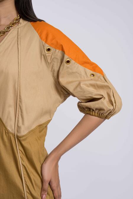 Buy The Dramebaaz CO Beige Cotton Mandarin Collar Petunia Colorblock Playsuit Online at Aza Fashions Buy_The Dramebaaz CO_Beige Cotton Mandarin Collar Petunia Colorblock Playsuit _Online_at_Aza_Fashions