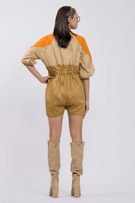 Shop The Dramebaaz CO Beige Cotton Mandarin Collar Petunia Colorblock Playsuit at Aza Fashions Shop_The Dramebaaz CO_Beige Cotton Mandarin Collar Petunia Colorblock Playsuit _at_Aza_Fashions