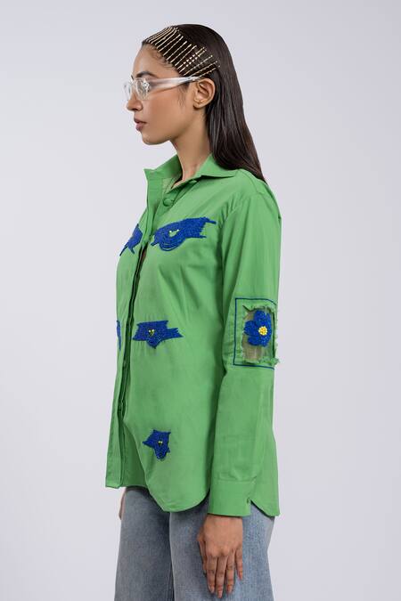 The Dramebaaz CO_Green Cotton Beads Collared Embellished Shirt _Online_at_Aza_Fashions