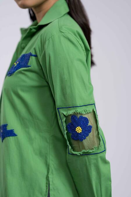 Buy_The Dramebaaz CO_Green Cotton Beads Collared Embellished Shirt _Online_at_Aza_Fashions