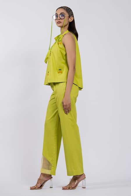 The Dramebaaz CO Green Cotton Beads, Embroidery Halter Neck Top And Pant Set Online at Aza Fashions The Dramebaaz CO_Green Cotton Beads, Embroidery Halter Neck Top And Pant Set _Online_at_Aza_Fashions