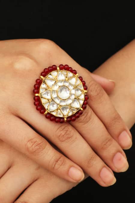 Riana Jewellery Gold Plated Beads, Diamonds Floral Stone Ring