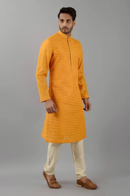 Buy_Siddhesh Chauhan_Yellow Muslin, Cotton Moon Pintucked Kurta And Pant Set_Online_at_Aza_Fashions