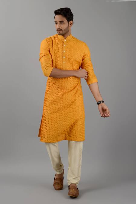 Shop_Siddhesh Chauhan_Yellow Muslin, Cotton Moon Pintucked Kurta And Pant Set_Online_at_Aza_Fashions
