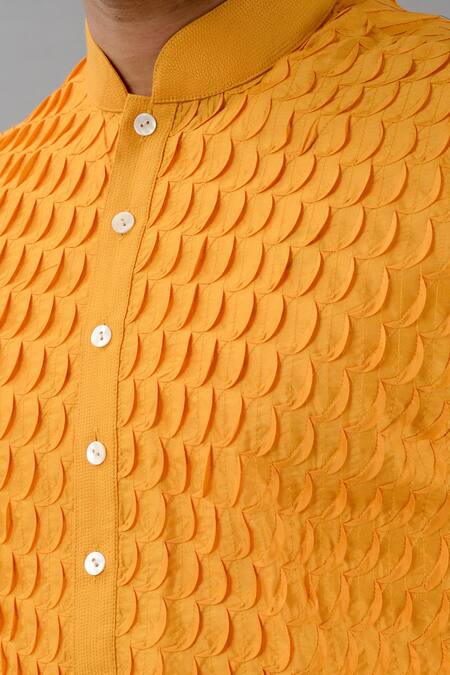 Siddhesh Chauhan_Yellow Muslin, Cotton Moon Pintucked Kurta And Pant Set_at_Aza_Fashions