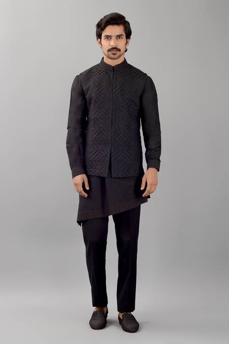 Siddhesh Chauhan Black Silk Embroidery Diamond Concentric Nehru Jacket Online at Aza Fashions Siddhesh Chauhan_Black Silk Embroidery Diamond Concentric Nehru Jacket_Online_at_Aza_Fashions
