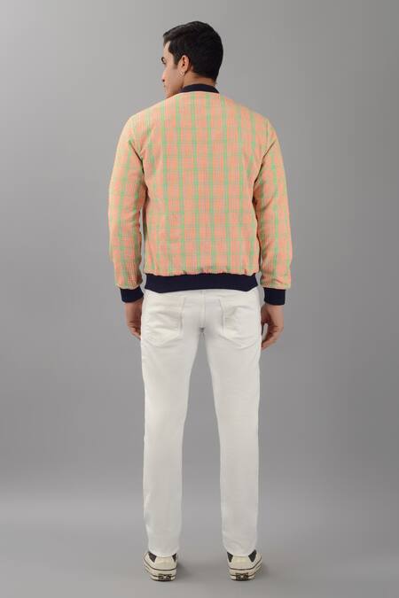 Shop Siddhesh Chauhan Orange Seersucker Printed Checkered Bold Bomber Jacket at Aza Fashions Shop_Siddhesh Chauhan_Orange Seersucker Printed Checkered Bold Bomber Jacket_at_Aza_Fashions