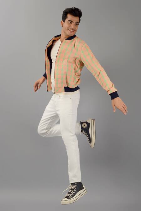 Siddhesh Chauhan Orange Seersucker Printed Checkered Bold Bomber Jacket Online at Aza Fashions Siddhesh Chauhan_Orange Seersucker Printed Checkered Bold Bomber Jacket_Online_at_Aza_Fashions