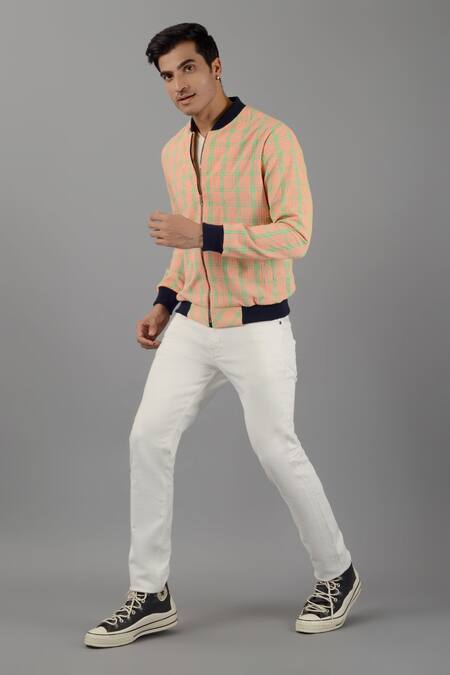Buy Siddhesh Chauhan Orange Seersucker Printed Checkered Bold Bomber Jacket Online at Aza Fashions Buy_Siddhesh Chauhan_Orange Seersucker Printed Checkered Bold Bomber Jacket_Online_at_Aza_Fashions