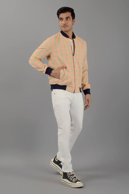 Shop Siddhesh Chauhan Orange Seersucker Printed Checkered Bold Bomber Jacket Online at Aza Fashions Shop_Siddhesh Chauhan_Orange Seersucker Printed Checkered Bold Bomber Jacket_Online_at_Aza_Fashions