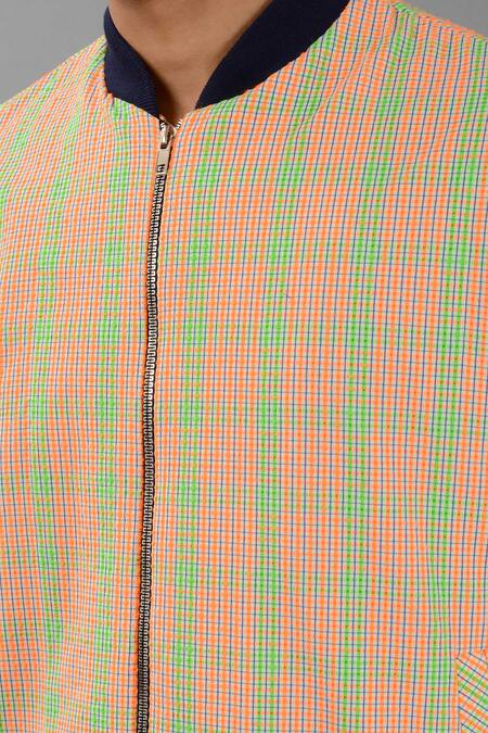 Siddhesh Chauhan Orange Seersucker Printed Checkered Bold Bomber Jacket at Aza Fashions Siddhesh Chauhan_Orange Seersucker Printed Checkered Bold Bomber Jacket_at_Aza_Fashions