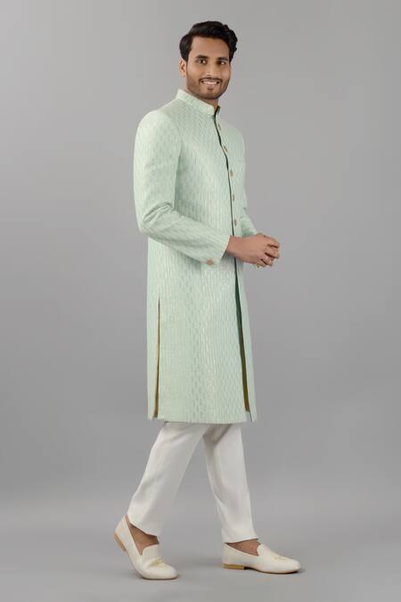 Buy_Siddhesh Chauhan_Green Silk Embroidered Sequins Sherwani And Pant Set_Online_at_Aza_Fashions