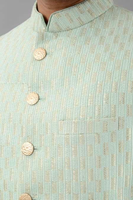 Shop_Siddhesh Chauhan_Green Silk Embroidered Sequins Sherwani And Pant Set_Online_at_Aza_Fashions