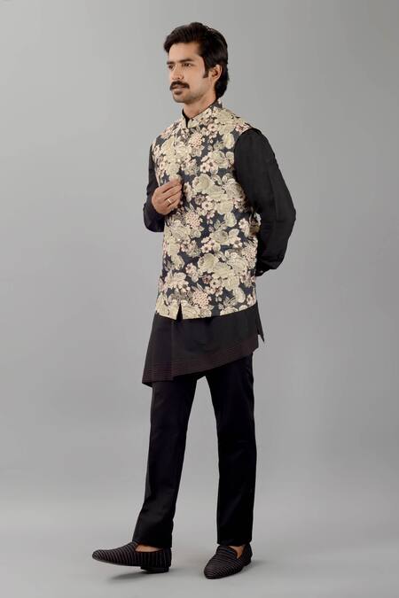 Siddhesh Chauhan Black Silk Embroidery Floral Print Nehru Jacket Online at Aza Fashions Siddhesh Chauhan_Black Silk Embroidery Floral Print Nehru Jacket_Online_at_Aza_Fashions
