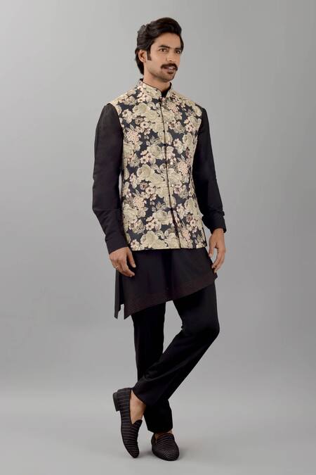 Buy Siddhesh Chauhan Black Silk Embroidery Floral Print Nehru Jacket Online at Aza Fashions Buy_Siddhesh Chauhan_Black Silk Embroidery Floral Print Nehru Jacket_Online_at_Aza_Fashions