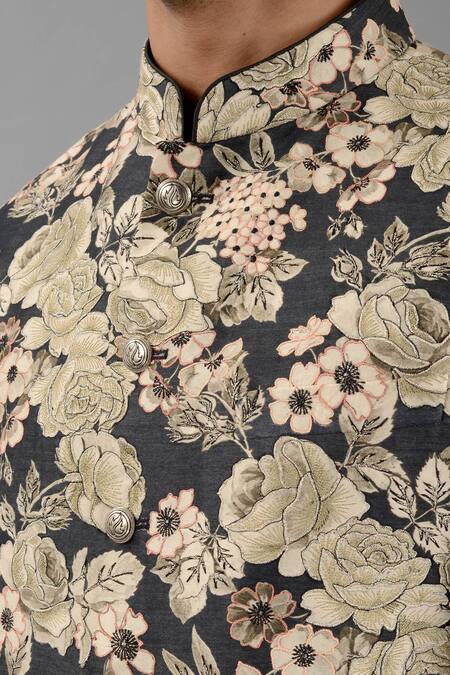 Shop Siddhesh Chauhan Black Silk Embroidery Floral Print Nehru Jacket Online at Aza Fashions Shop_Siddhesh Chauhan_Black Silk Embroidery Floral Print Nehru Jacket_Online_at_Aza_Fashions