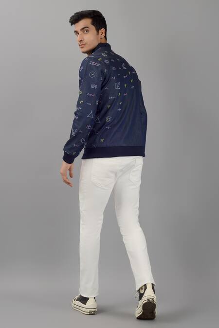 Siddhesh Chauhan_Blue Denim Embroidered Capital Initials Mathematically-modern Bomber Jacket_Online_at_Aza_Fashions