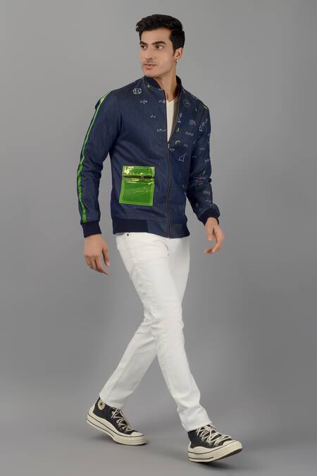 Buy_Siddhesh Chauhan_Blue Denim Embroidered Capital Initials Mathematically-modern Bomber Jacket_Online_at_Aza_Fashions