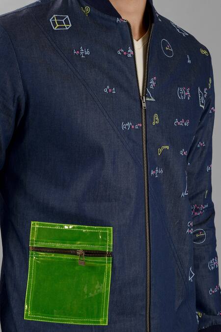 Shop_Siddhesh Chauhan_Blue Denim Embroidered Capital Initials Mathematically-modern Bomber Jacket_Online_at_Aza_Fashions