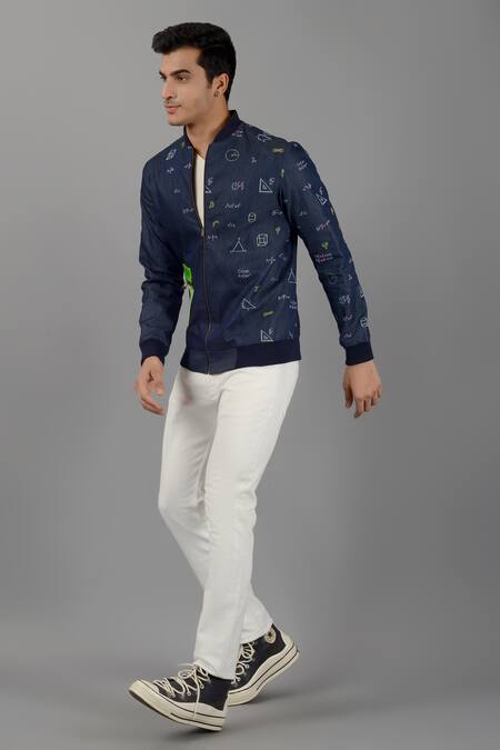 Siddhesh Chauhan_Blue Denim Embroidered Capital Initials Mathematically-modern Bomber Jacket_at_Aza_Fashions