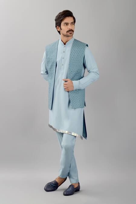 Siddhesh Chauhan_Blue Terrycloth Embroidery Tonal Geometric Nehru Jacket_Online_at_Aza_Fashions