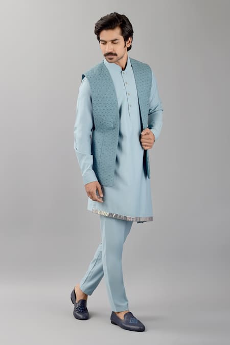 Buy_Siddhesh Chauhan_Blue Terrycloth Embroidery Tonal Geometric Nehru Jacket_Online_at_Aza_Fashions