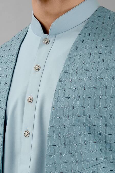 Shop_Siddhesh Chauhan_Blue Terrycloth Embroidery Tonal Geometric Nehru Jacket_Online_at_Aza_Fashions