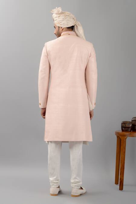 Shop Siddhesh Chauhan Pink Raw Silk Embroidered Thread Textured Sherwani Pant Set at Aza Fashions Shop_Siddhesh Chauhan_Pink Raw Silk Embroidered Thread Textured Sherwani Pant Set_at_Aza_Fashions