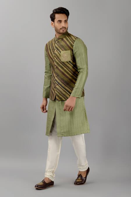 Siddhesh Chauhan Green Silk Embroidery Diagonal Striped Nehru Jacket Online at Aza Fashions Siddhesh Chauhan_Green Silk Embroidery Diagonal Striped Nehru Jacket_Online_at_Aza_Fashions