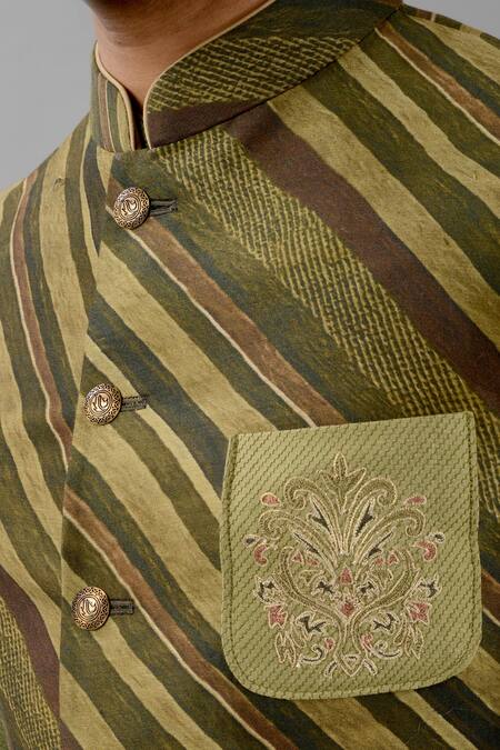 Shop Siddhesh Chauhan Green Silk Embroidery Diagonal Striped Nehru Jacket Online at Aza Fashions Shop_Siddhesh Chauhan_Green Silk Embroidery Diagonal Striped Nehru Jacket_Online_at_Aza_Fashions