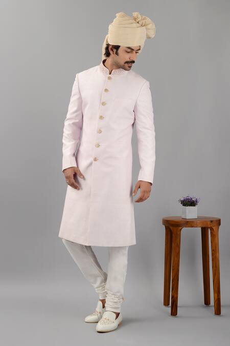 Buy_Siddhesh Chauhan_Purple Raw Silk Self-stitched Pattern Sherwani Pant Set_Online_at_Aza_Fashions