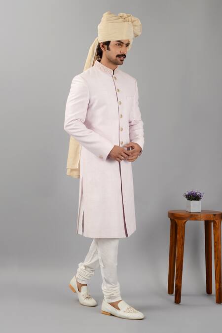 Shop_Siddhesh Chauhan_Purple Raw Silk Self-stitched Pattern Sherwani Pant Set_Online_at_Aza_Fashions